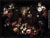 Padua Canvas Paintings - Garland of Flowers with St Anthony of Padua
